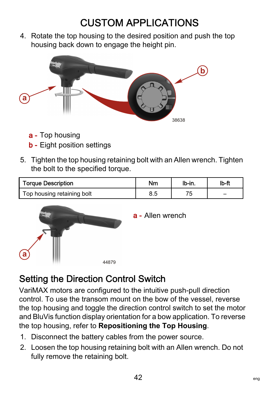 Setting the direction control switch, Custom applications, Ab a | MotorGuide VariMAX User Manual | Page 46 / 53