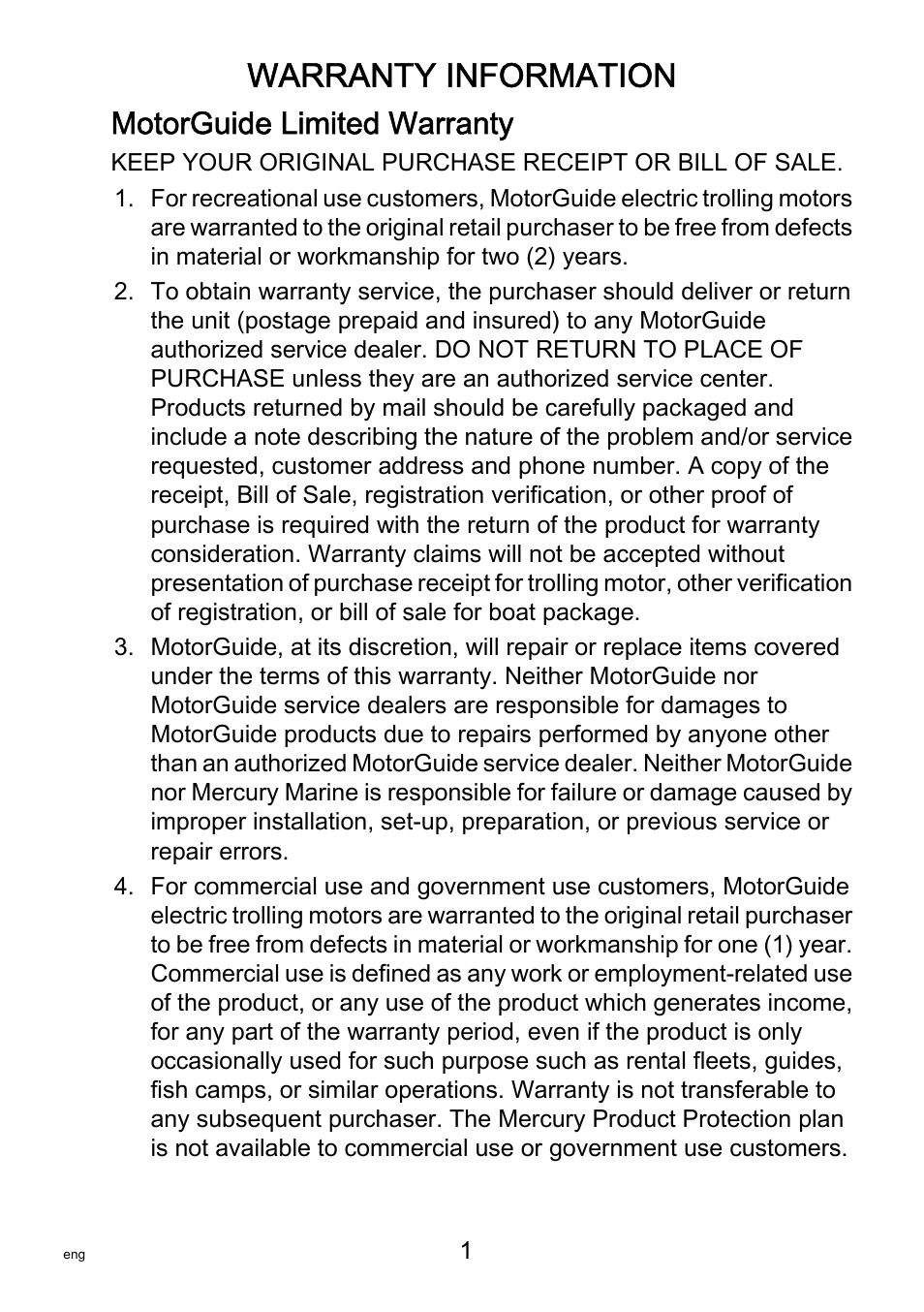 Warranty information, Motorguide limited warranty | MotorGuide VariMAX User Manual | Page 5 / 53