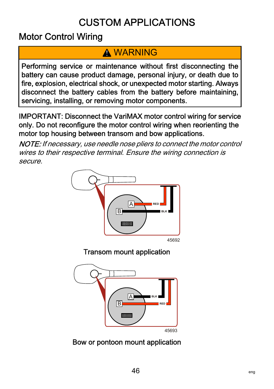 Motor control wiring, Custom applications, Warning | MotorGuide VariMAX User Manual | Page 50 / 53