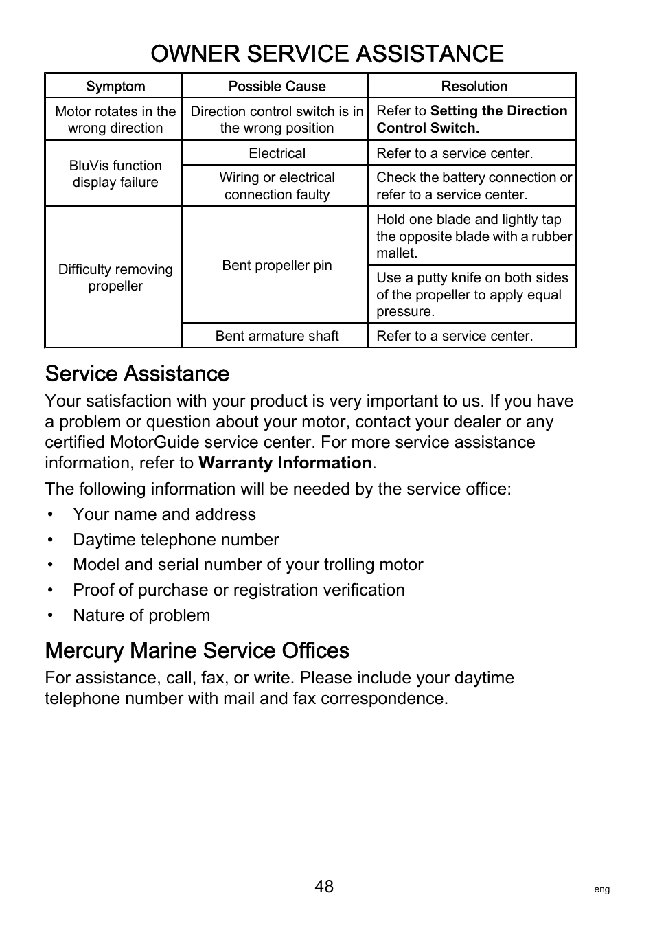 Service assistance, Mercury marine service offices, Owner service assistance | MotorGuide VariMAX User Manual | Page 52 / 53