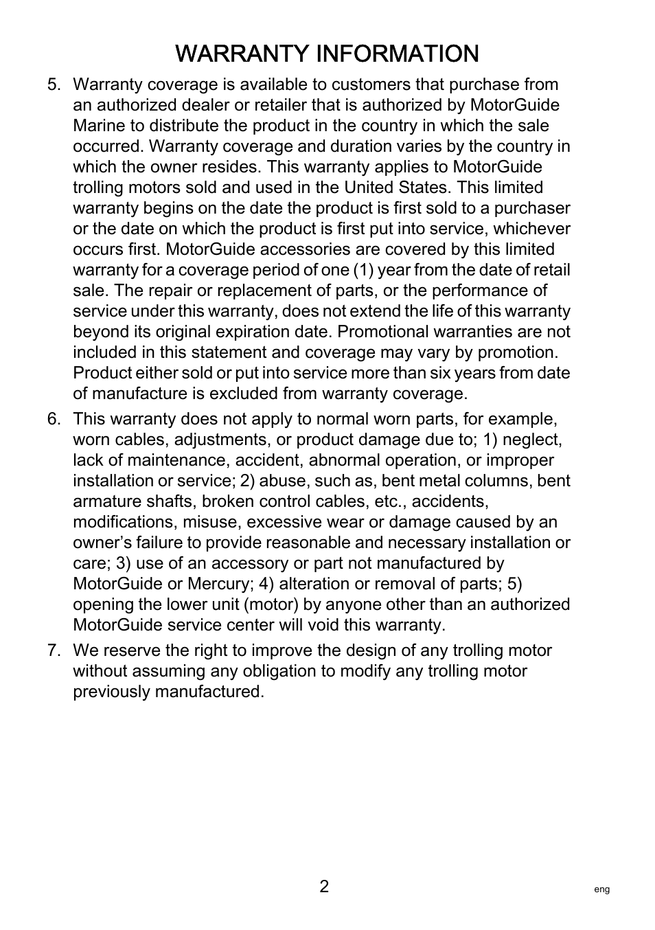 Warranty information | MotorGuide VariMAX User Manual | Page 6 / 53