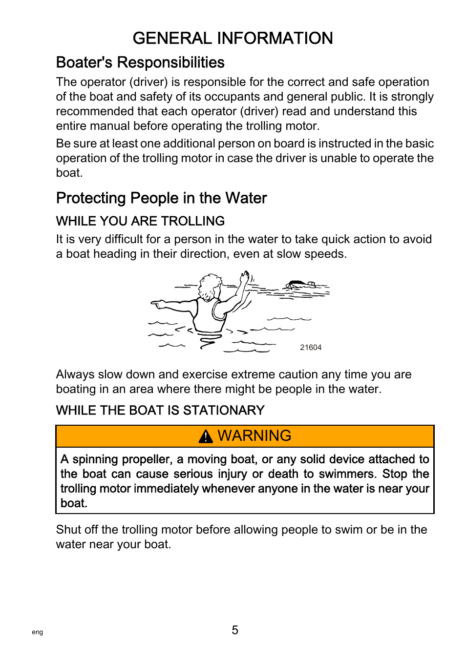 Boater's responsibilities, Protecting people in the water, General information | Warning | MotorGuide VariMAX User Manual | Page 9 / 53
