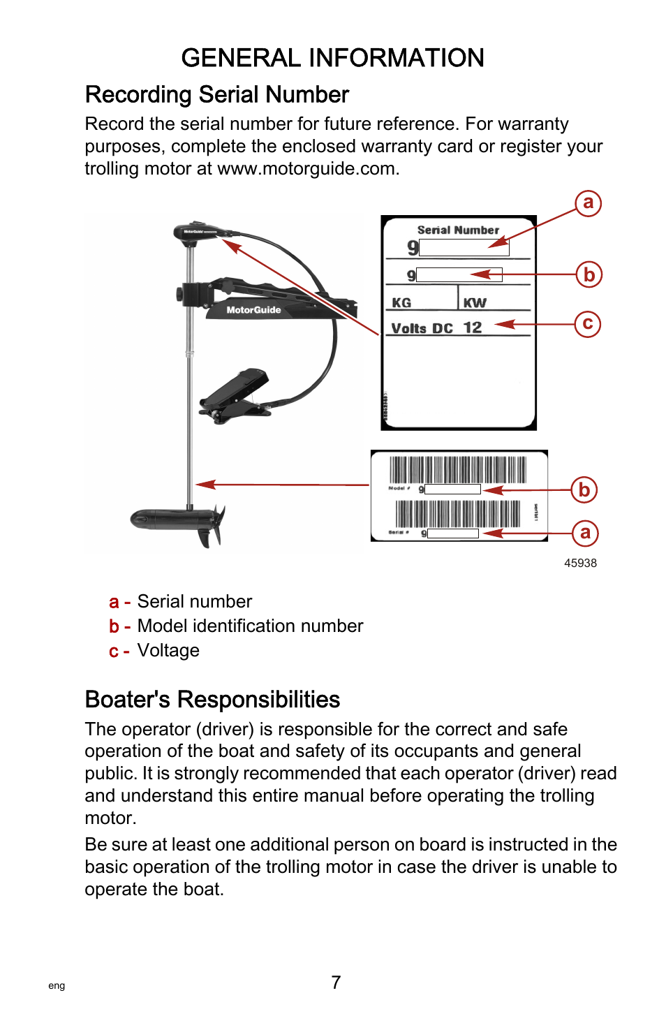 Recording serial number, Boater's responsibilities, General information | MotorGuide Tour Series User Manual | Page 11 / 37