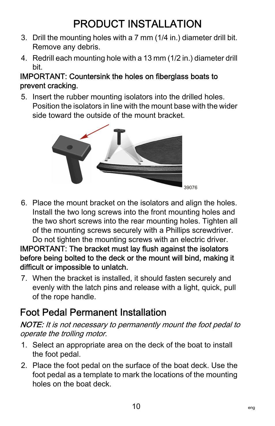 Foot pedal permanent installation, Product installation | MotorGuide Tour Series User Manual | Page 14 / 37