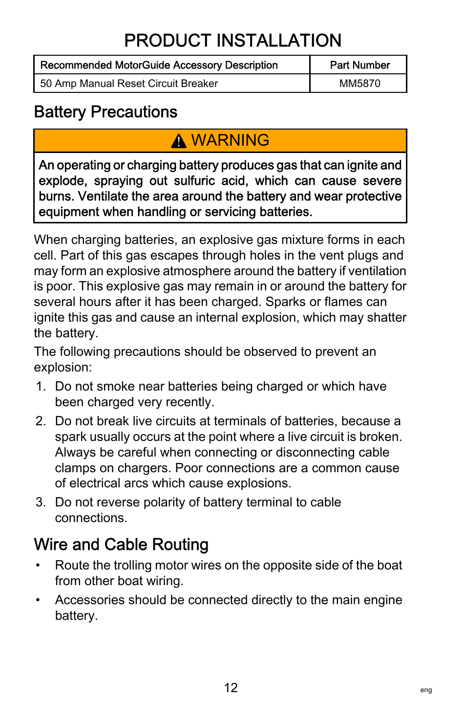 Battery precautions, Wire and cable routing, Product installation | Warning | MotorGuide Tour Series User Manual | Page 16 / 37