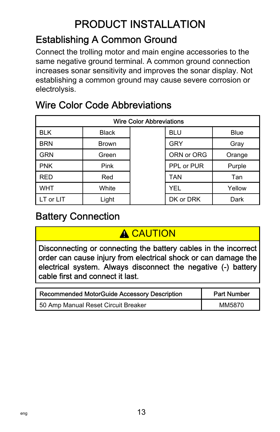 Establishing a common ground, Wire color code abbreviations, Battery connection | Product installation, Caution | MotorGuide Tour Series User Manual | Page 17 / 37