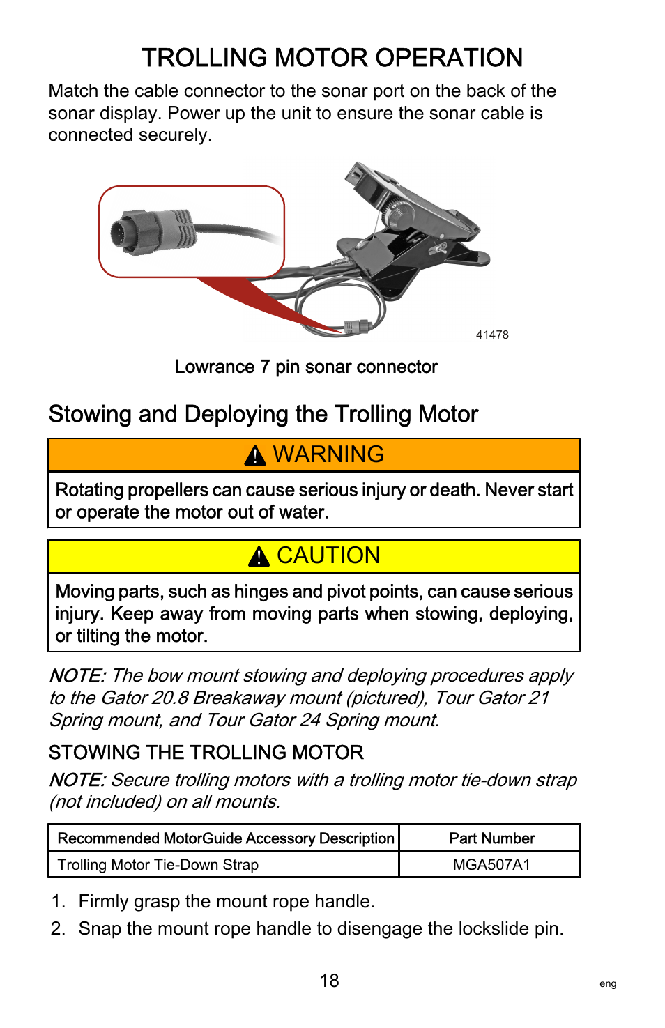 Stowing and deploying the trolling motor, Trolling motor operation, Warning | Caution | MotorGuide Tour Series User Manual | Page 22 / 37