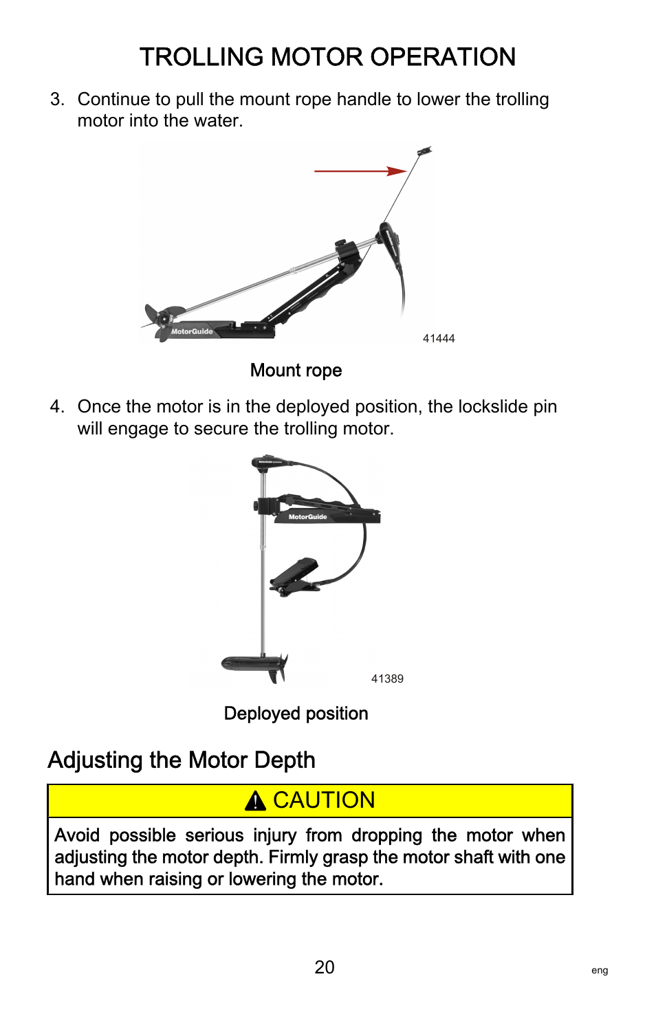 Adjusting the motor depth, Trolling motor operation, Caution | MotorGuide Tour Series User Manual | Page 24 / 37