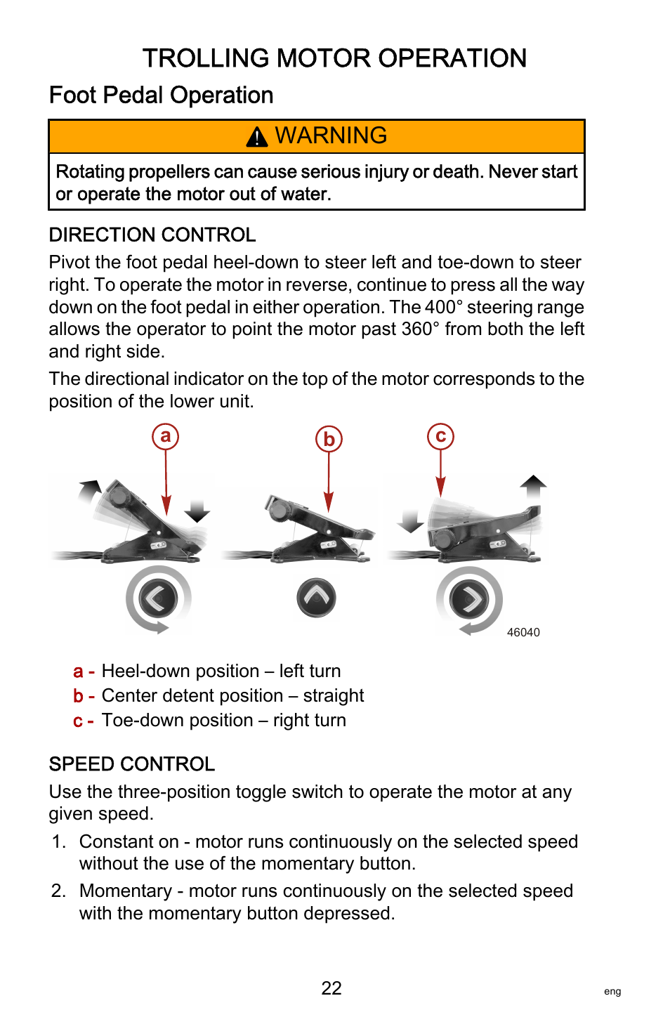 Foot pedal operation, Trolling motor operation, Warning | MotorGuide Tour Series User Manual | Page 26 / 37