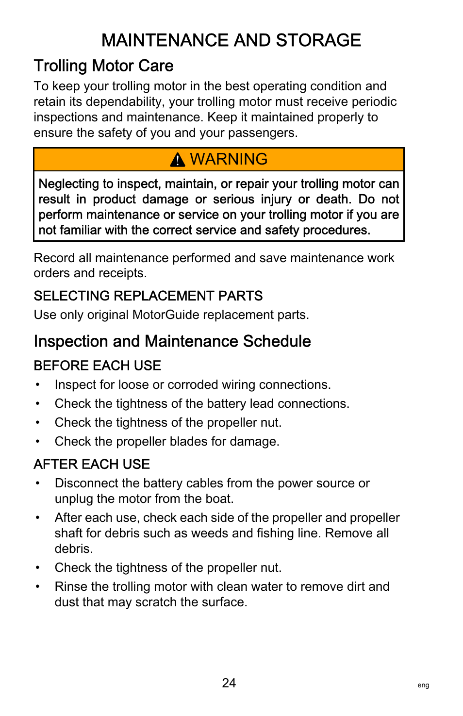 Maintenance and storage, Trolling motor care, Inspection and maintenance schedule | Warning | MotorGuide Tour Series User Manual | Page 28 / 37