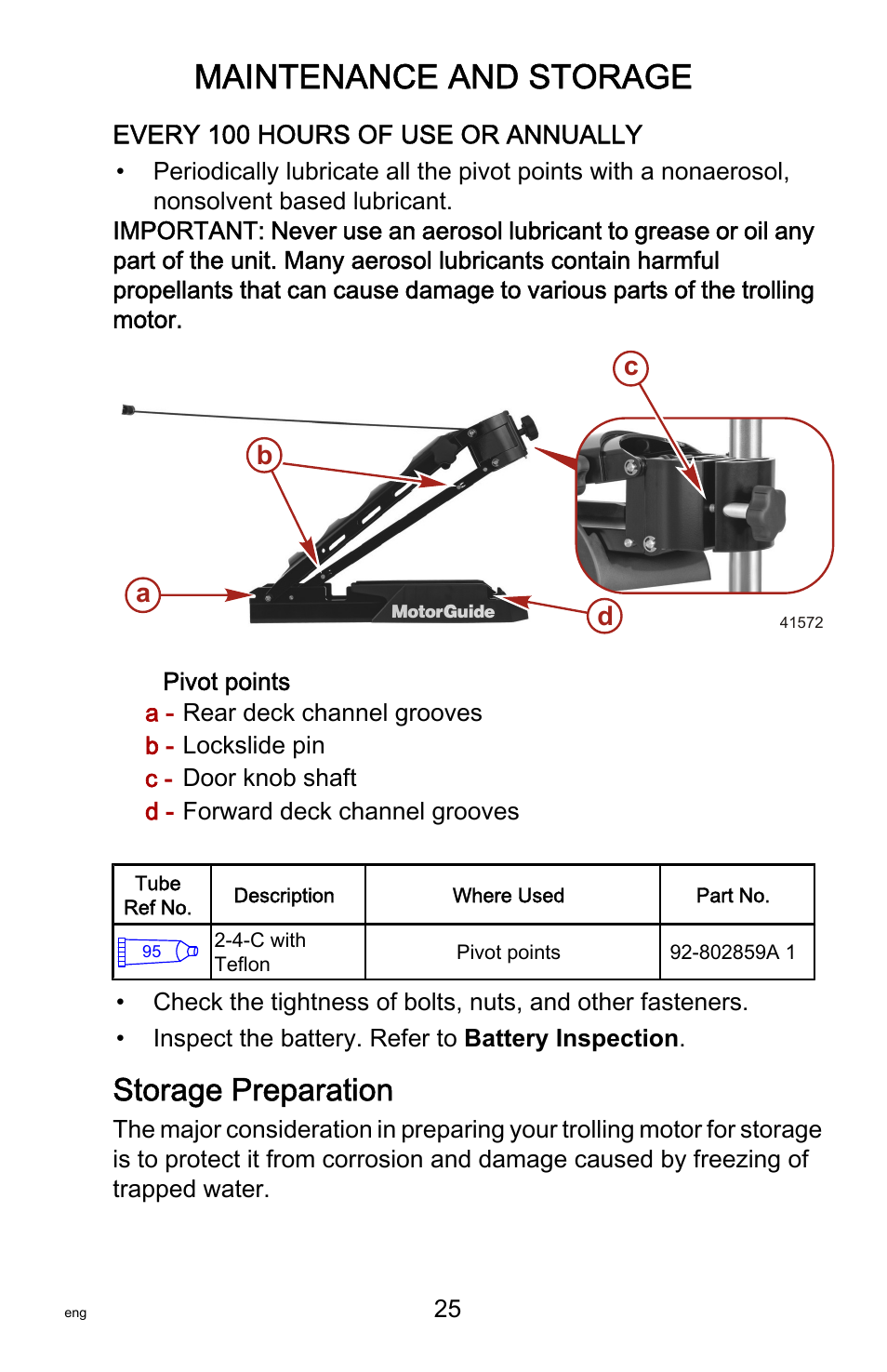 Storage preparation, Maintenance and storage | MotorGuide Tour Series User Manual | Page 29 / 37