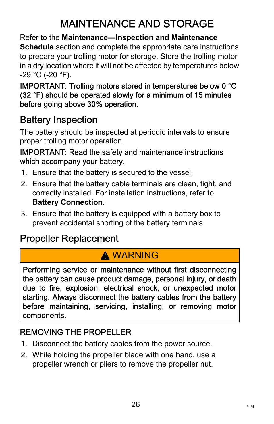 Battery inspection, Propeller replacement, Maintenance and storage | Warning | MotorGuide Tour Series User Manual | Page 30 / 37