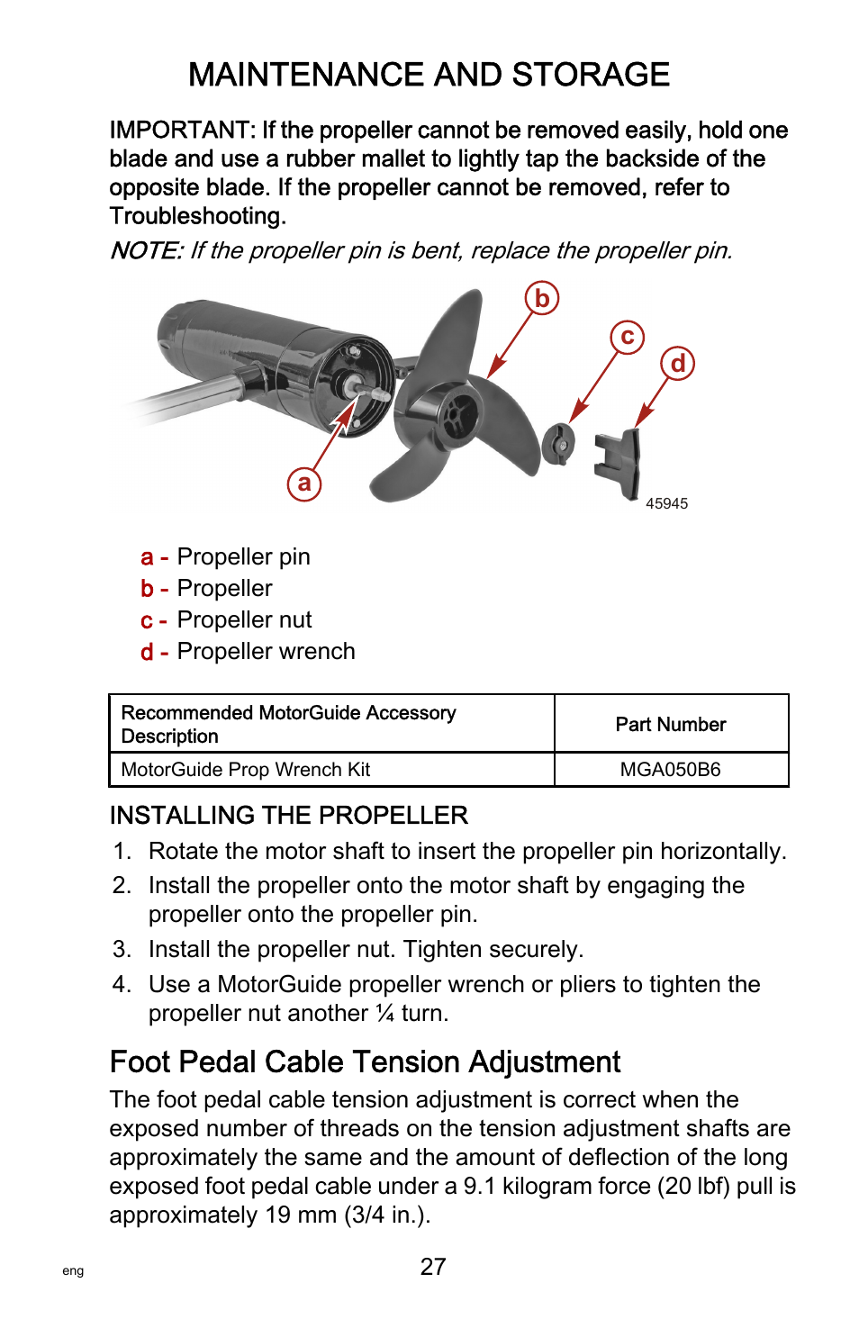 Foot pedal cable tension adjustment, Maintenance and storage | MotorGuide Tour Series User Manual | Page 31 / 37