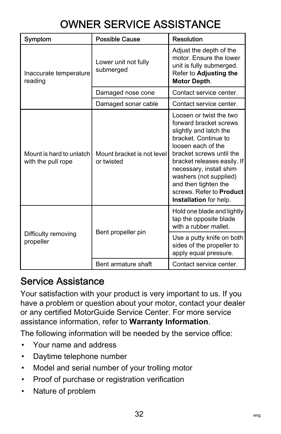Service assistance, Owner service assistance | MotorGuide Tour Series User Manual | Page 36 / 37