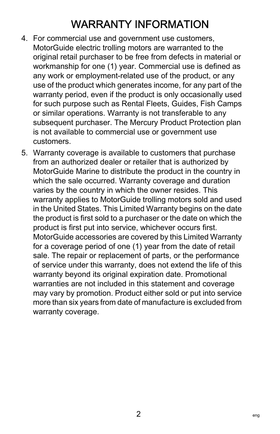Warranty information | MotorGuide Tour Series User Manual | Page 6 / 37