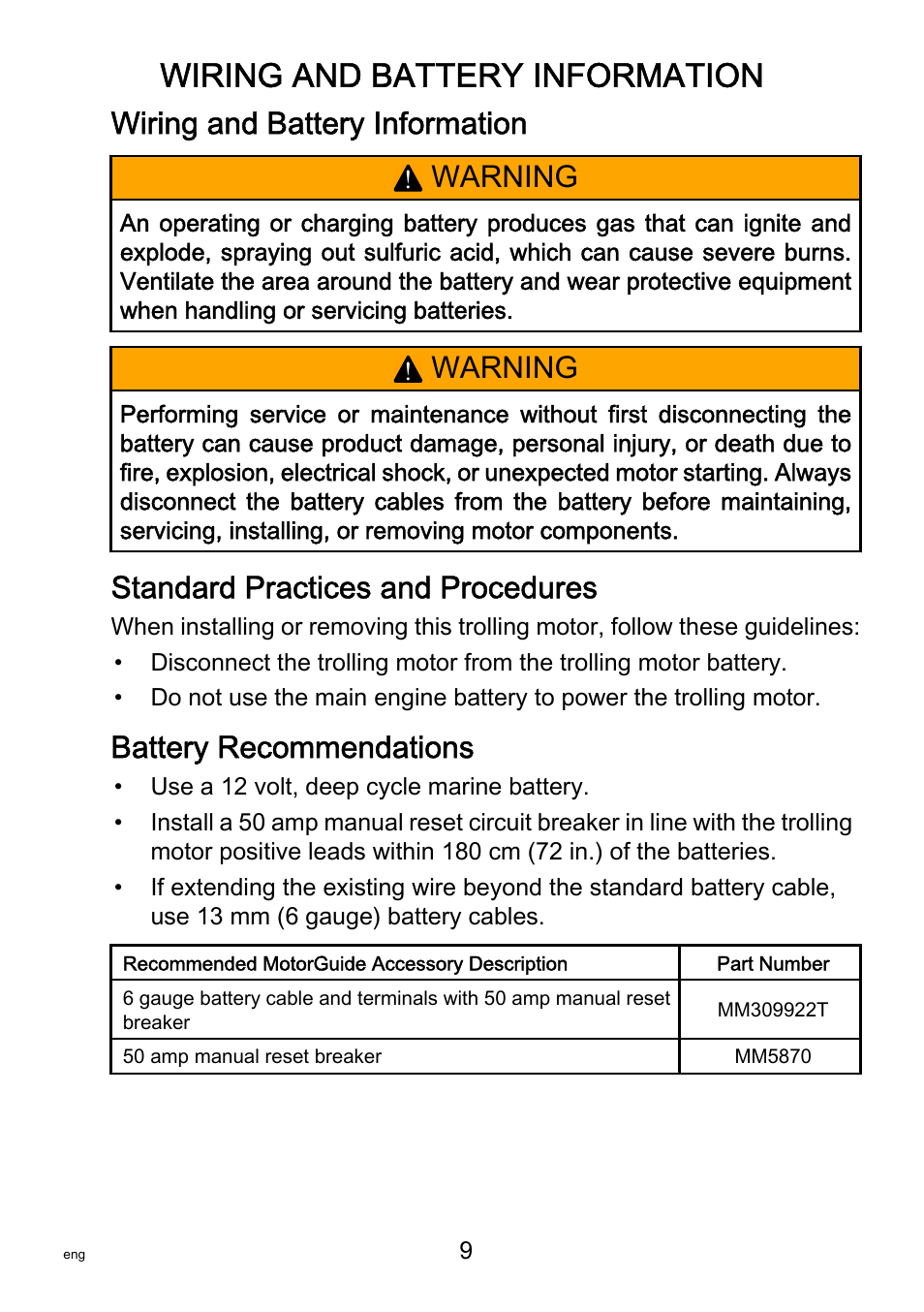 Wiring and battery information, Standard practices and procedures, Battery recommendations | Warning | MotorGuide R3-30 User Manual | Page 13 / 29