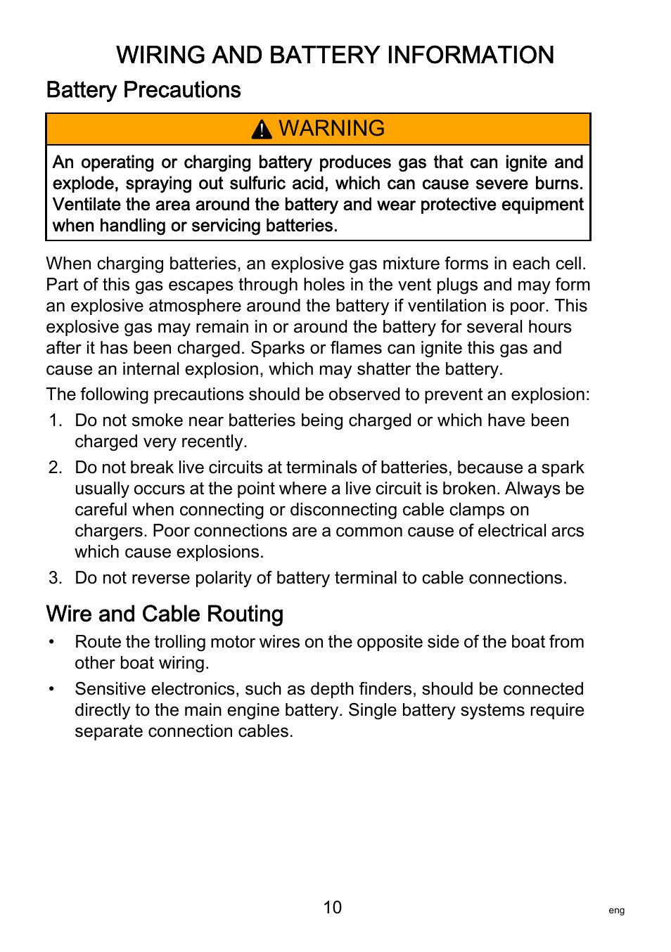 Battery precautions, Wire and cable routing, Wiring and battery information | Warning | MotorGuide R3-30 User Manual | Page 14 / 29