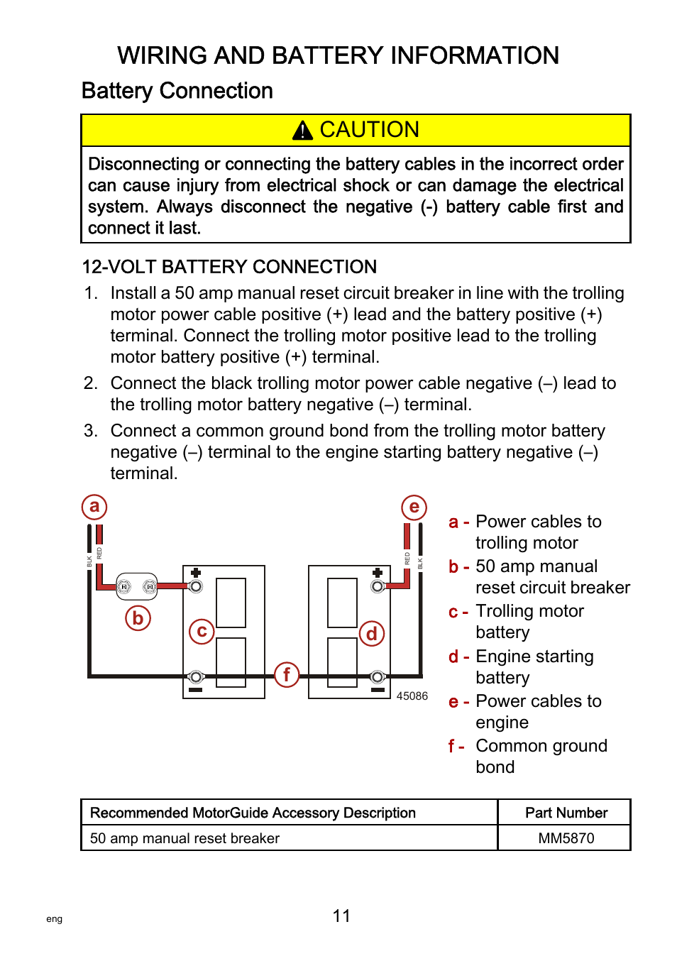 Battery connection, Wiring and battery information, Caution | MotorGuide R3-30 User Manual | Page 15 / 29