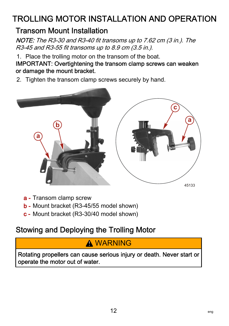 Trolling motor installation and operation, Transom mount installation, Stowing and deploying the trolling motor | Warning | MotorGuide R3-30 User Manual | Page 16 / 29