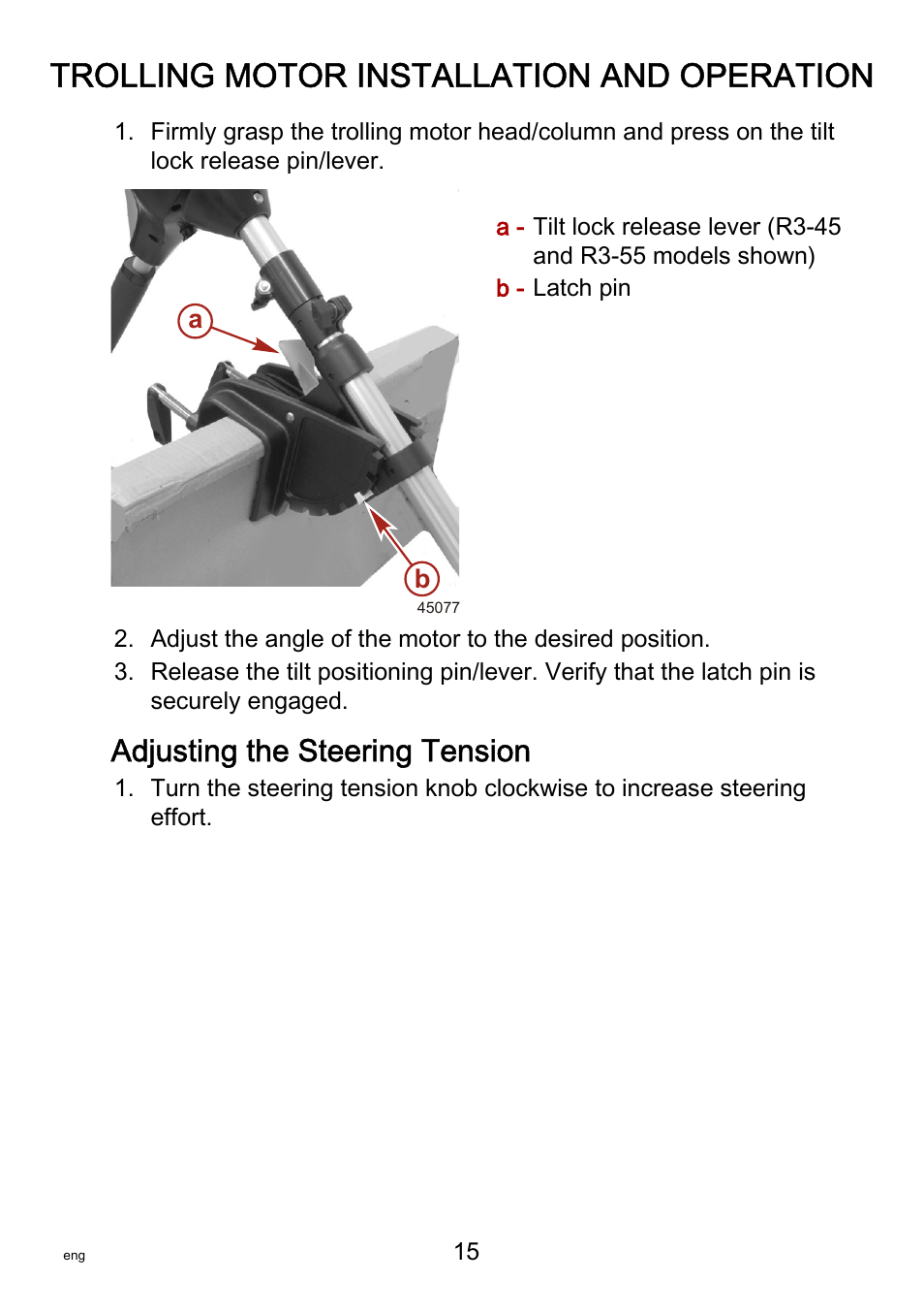 Adjusting the steering tension, Trolling motor installation and operation | MotorGuide R3-30 User Manual | Page 19 / 29