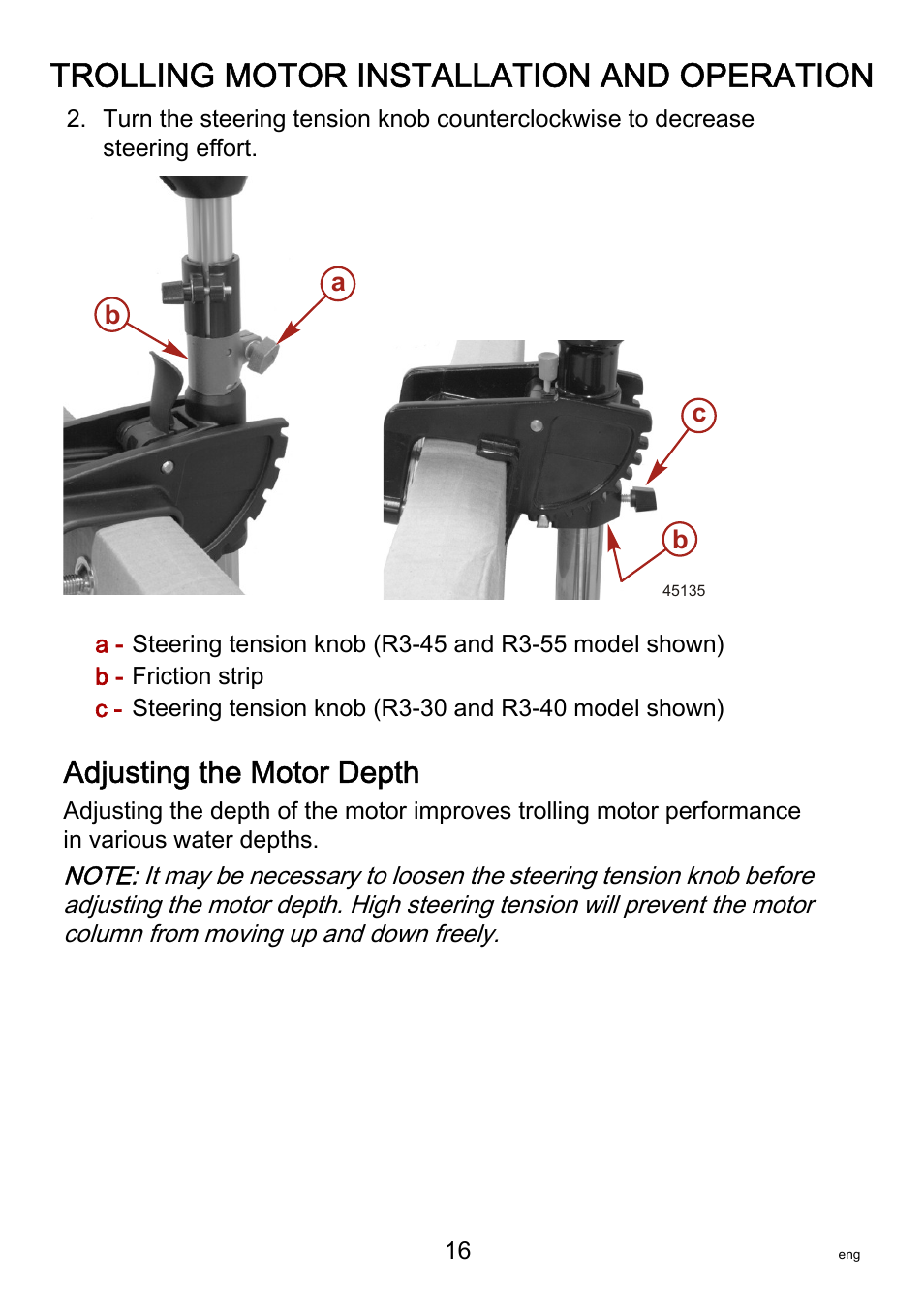 Adjusting the motor depth, Trolling motor installation and operation | MotorGuide R3-30 User Manual | Page 20 / 29