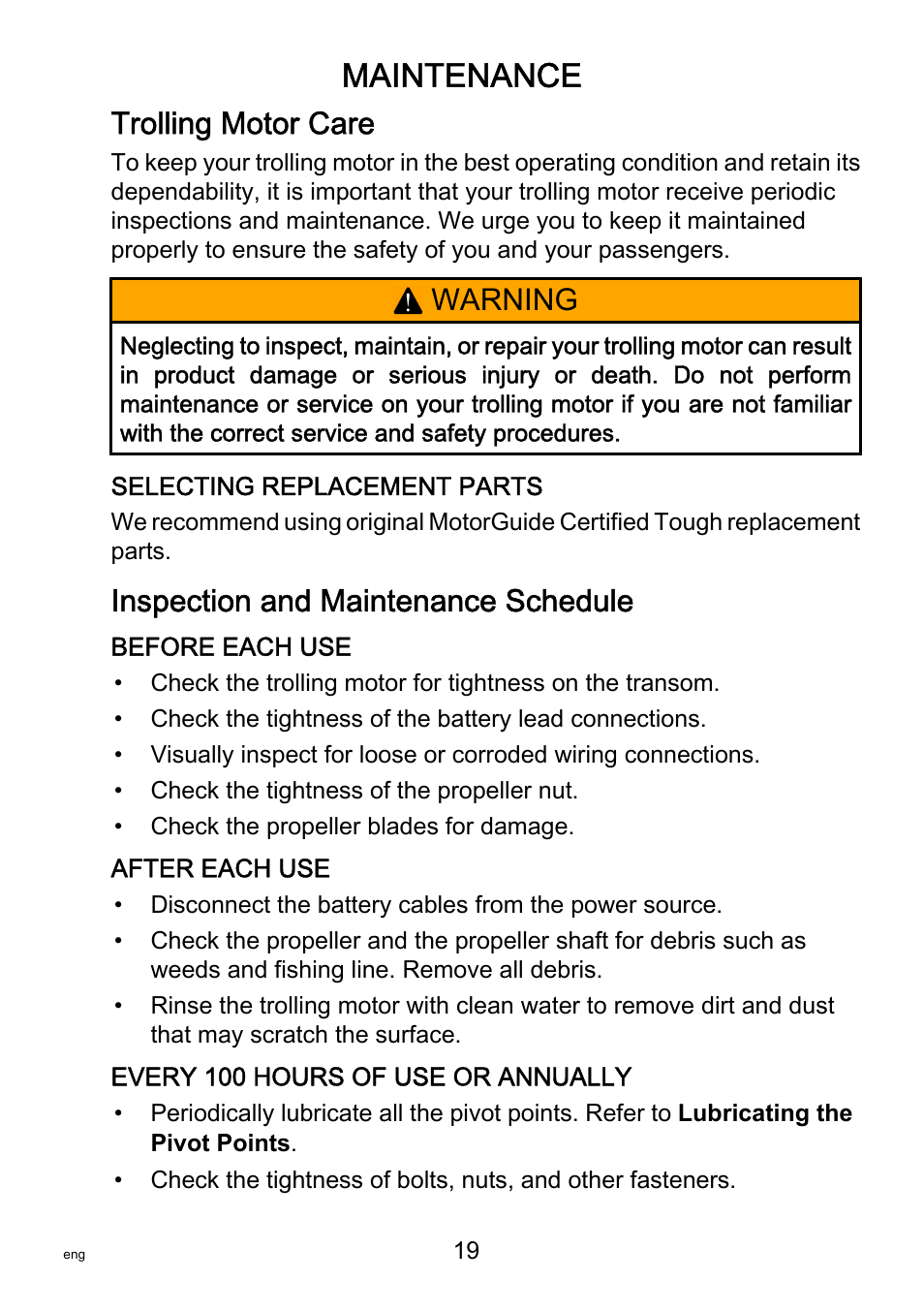 Maintenance, Trolling motor care, Inspection and maintenance schedule | Warning | MotorGuide R3-30 User Manual | Page 23 / 29