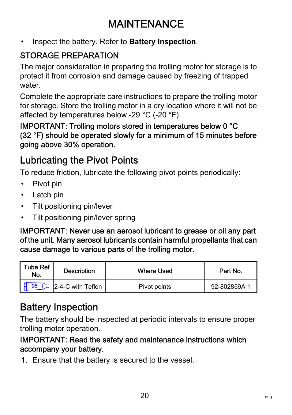 Lubricating the pivot points, Battery inspection, Maintenance | MotorGuide R3-30 User Manual | Page 24 / 29