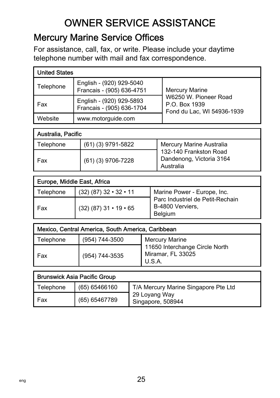 Owner service assistance, Mercury marine service offices | MotorGuide R3-30 User Manual | Page 29 / 29