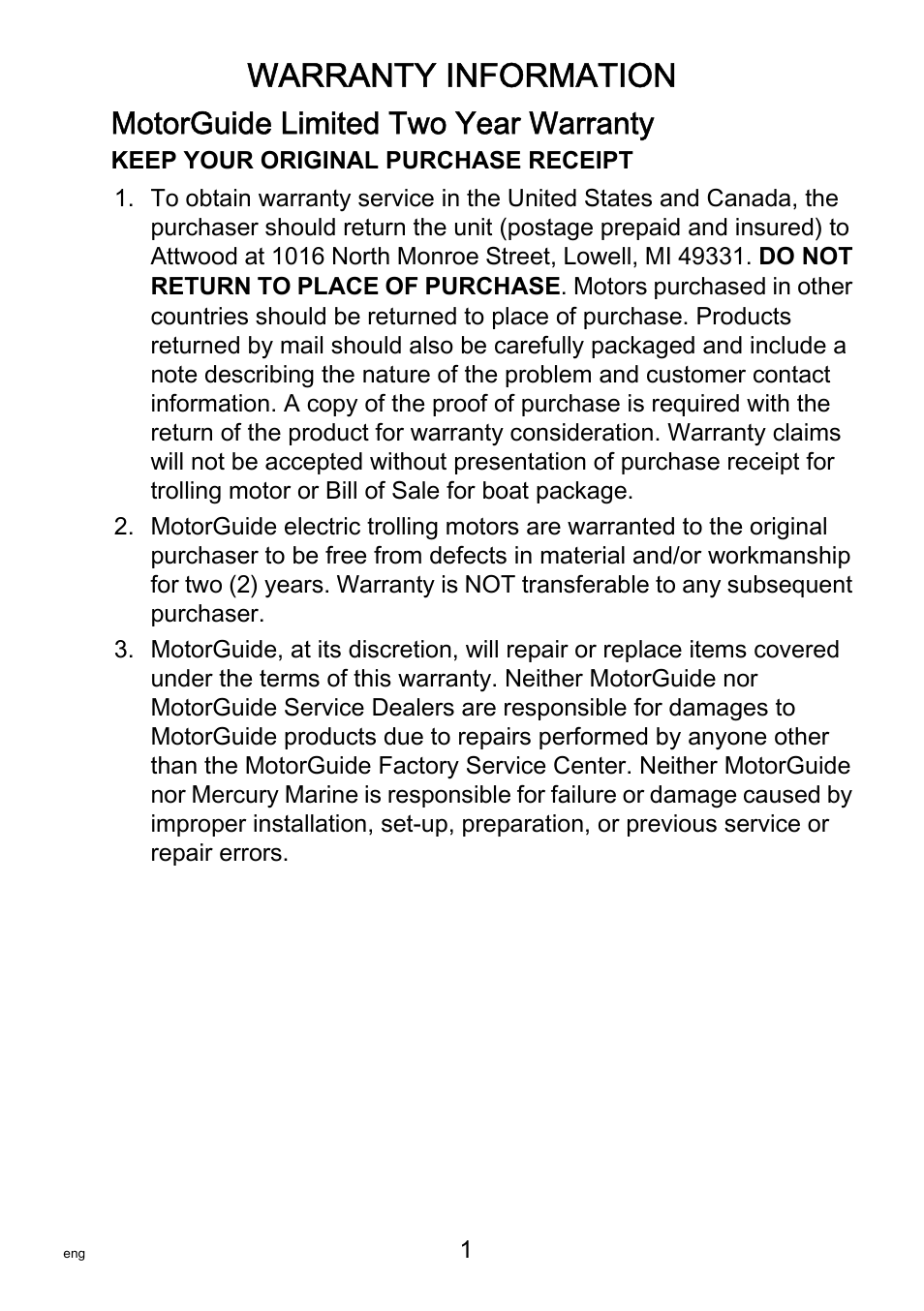 Warranty information, Motorguide limited two year warranty | MotorGuide R3-30 User Manual | Page 5 / 29