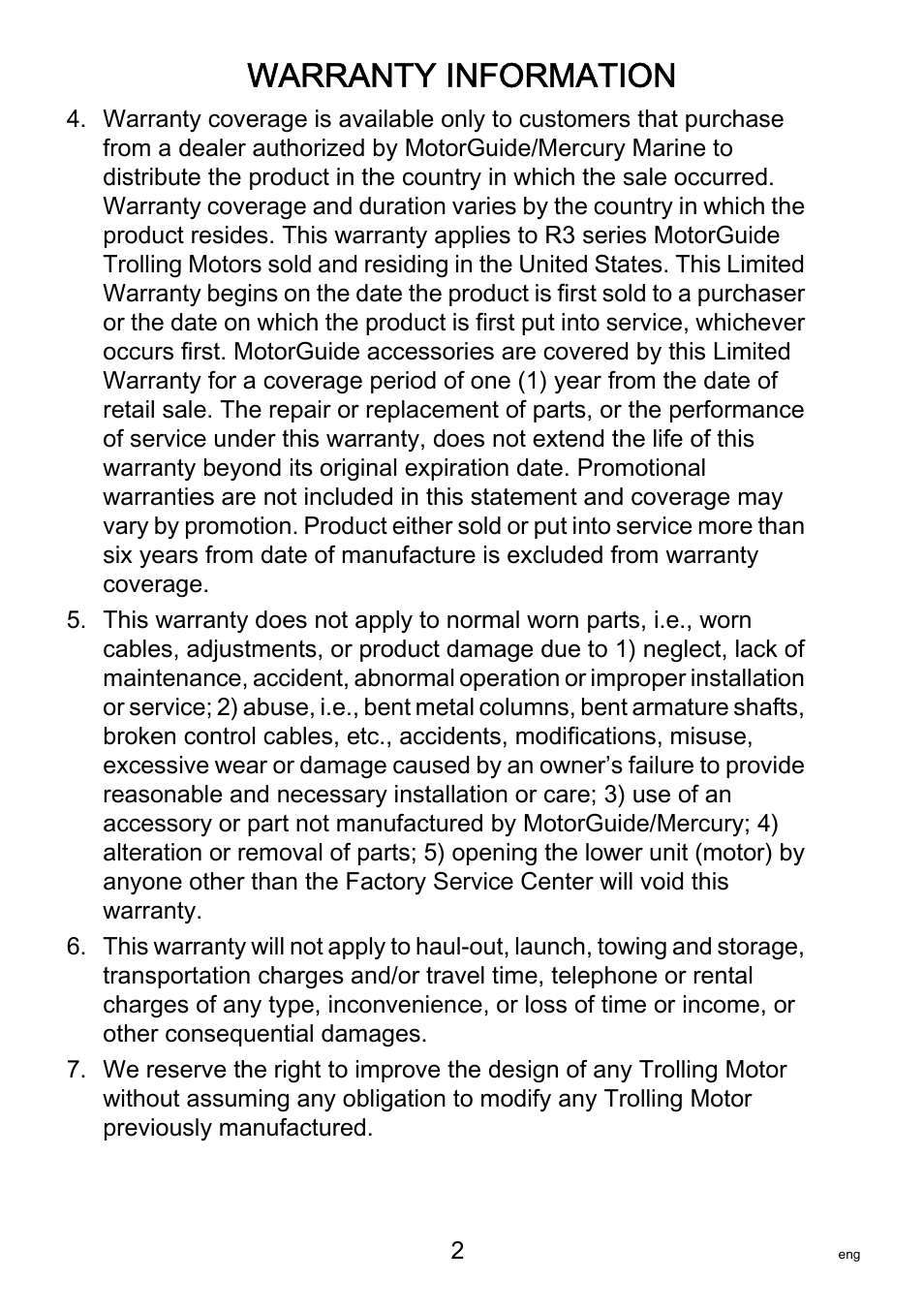 Warranty information | MotorGuide R3-30 User Manual | Page 6 / 29