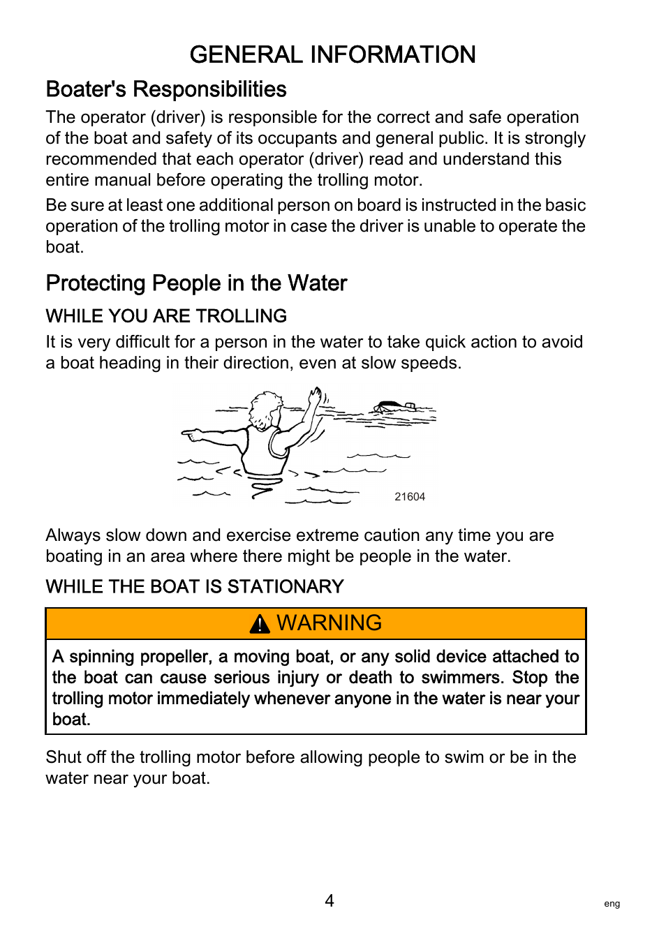 General information, Boater's responsibilities, Protecting people in the water | Warning | MotorGuide R3-30 User Manual | Page 8 / 29