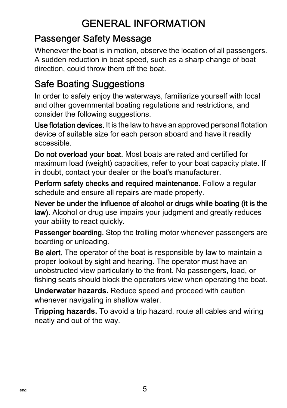 Passenger safety message, Safe boating suggestions, General information | MotorGuide R3-30 User Manual | Page 9 / 29