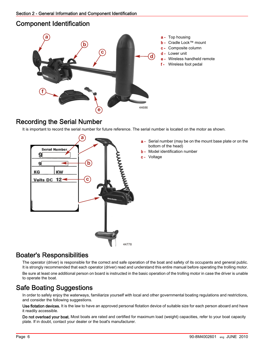 Component identification, Recording the serial number, Boater's responsibilities | Safe boating suggestions | MotorGuide Wireless User Manual | Page 10 / 32