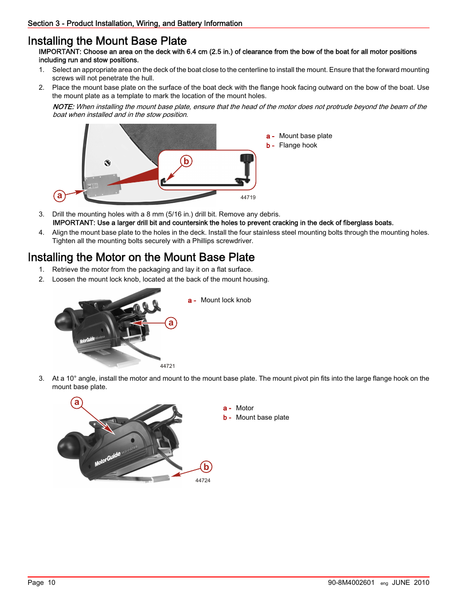 Installing the mount base plate, Installing the motor on the mount base plate | MotorGuide Wireless User Manual | Page 14 / 32