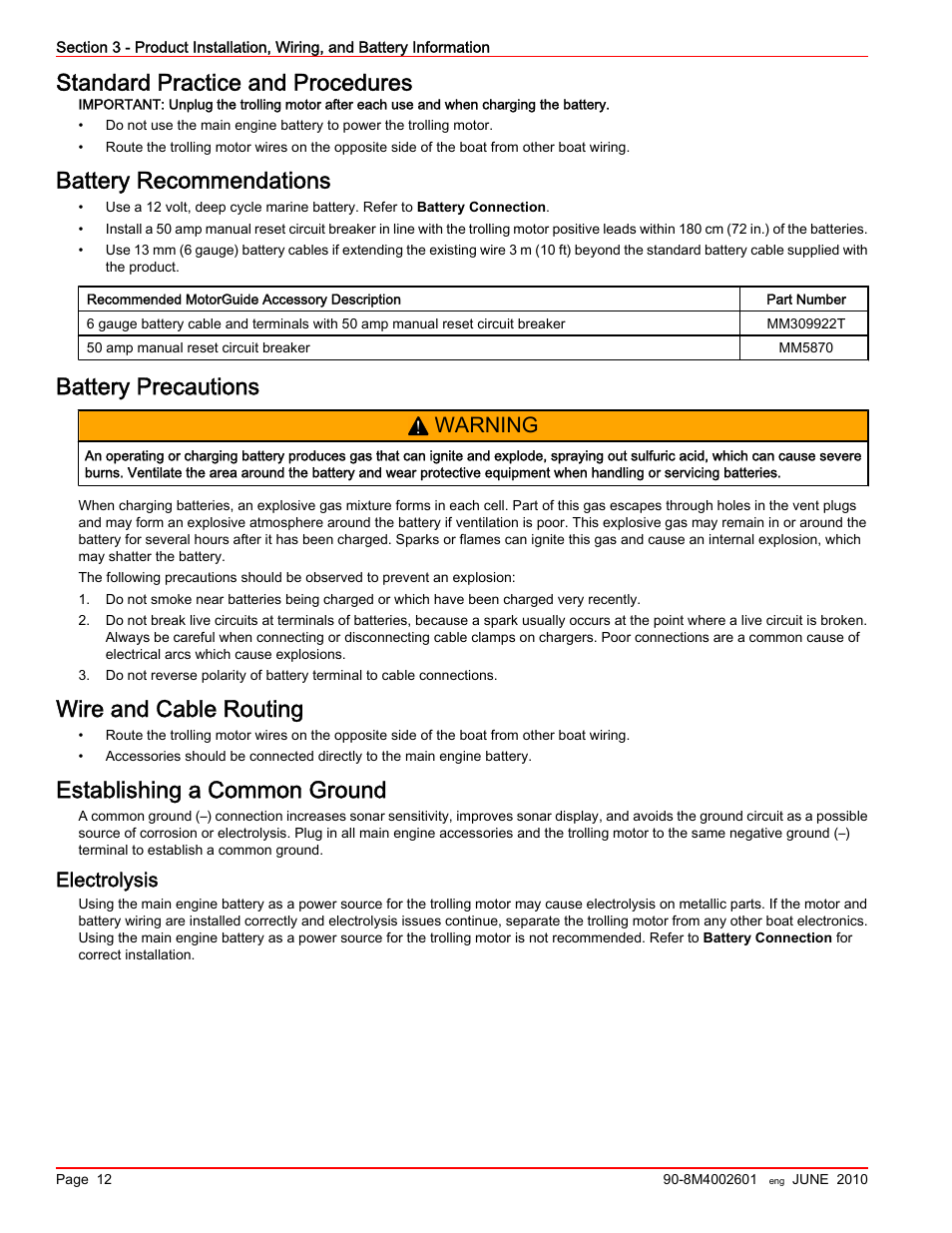 Standard practice and procedures, Battery recommendations, Battery precautions | Wire and cable routing, Establishing a common ground, Electrolysis, Warning | MotorGuide Wireless User Manual | Page 16 / 32