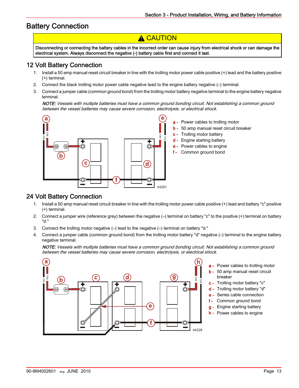 Battery connection, 12 volt battery connection, 24 volt battery connection | Caution, Ab c d e, Ab c, Fe g d h | MotorGuide Wireless User Manual | Page 17 / 32