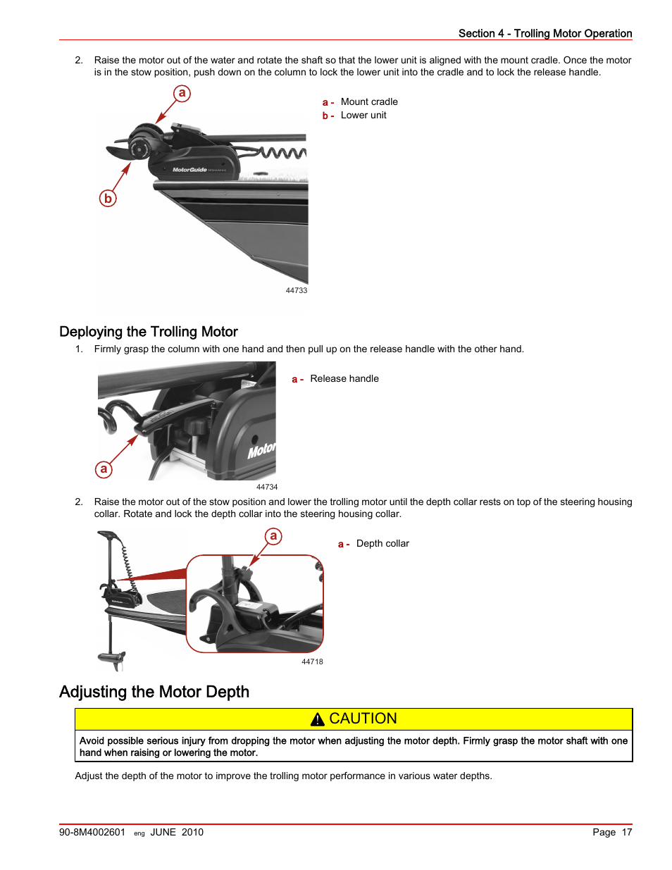 Deploying the trolling motor, Adjusting the motor depth, Caution | MotorGuide Wireless User Manual | Page 21 / 32