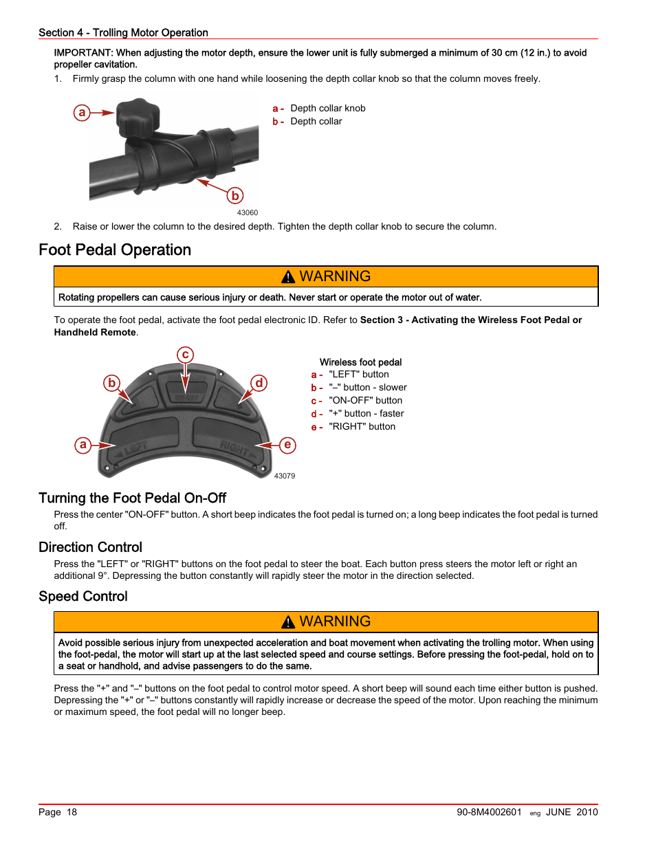 Foot pedal operation, Turning the foot pedal on-off, Direction control | Speed control, Turning the foot pedal on‑off, Warning | MotorGuide Wireless User Manual | Page 22 / 32