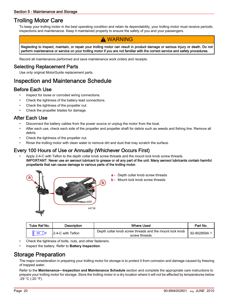 Trolling motor care, Selecting replacement parts, Inspection and maintenance schedule | Before each use, After each use, Storage preparation, First), Warning | MotorGuide Wireless User Manual | Page 24 / 32