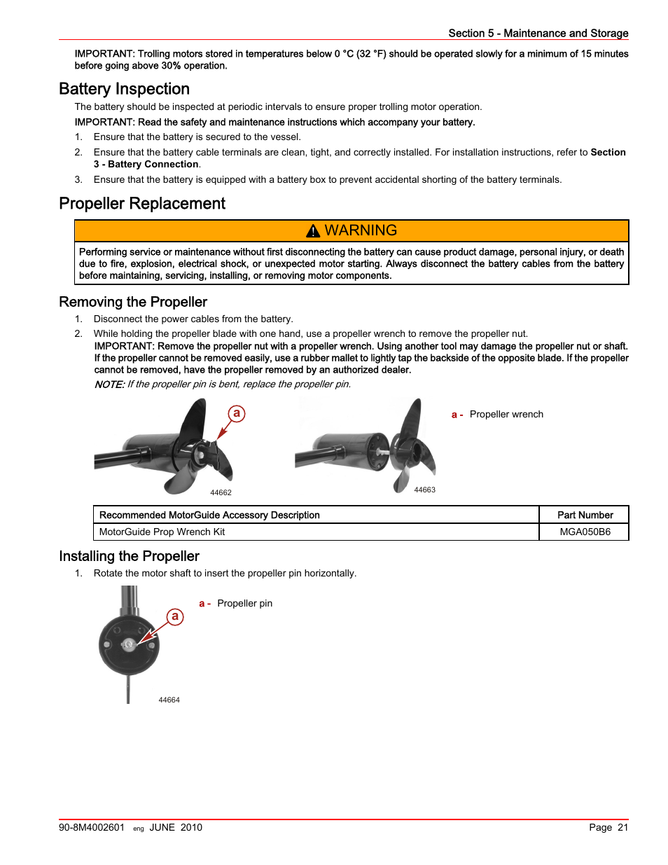 Battery inspection, Propeller replacement, Removing the propeller | Installing the propeller, Warning | MotorGuide Wireless User Manual | Page 25 / 32