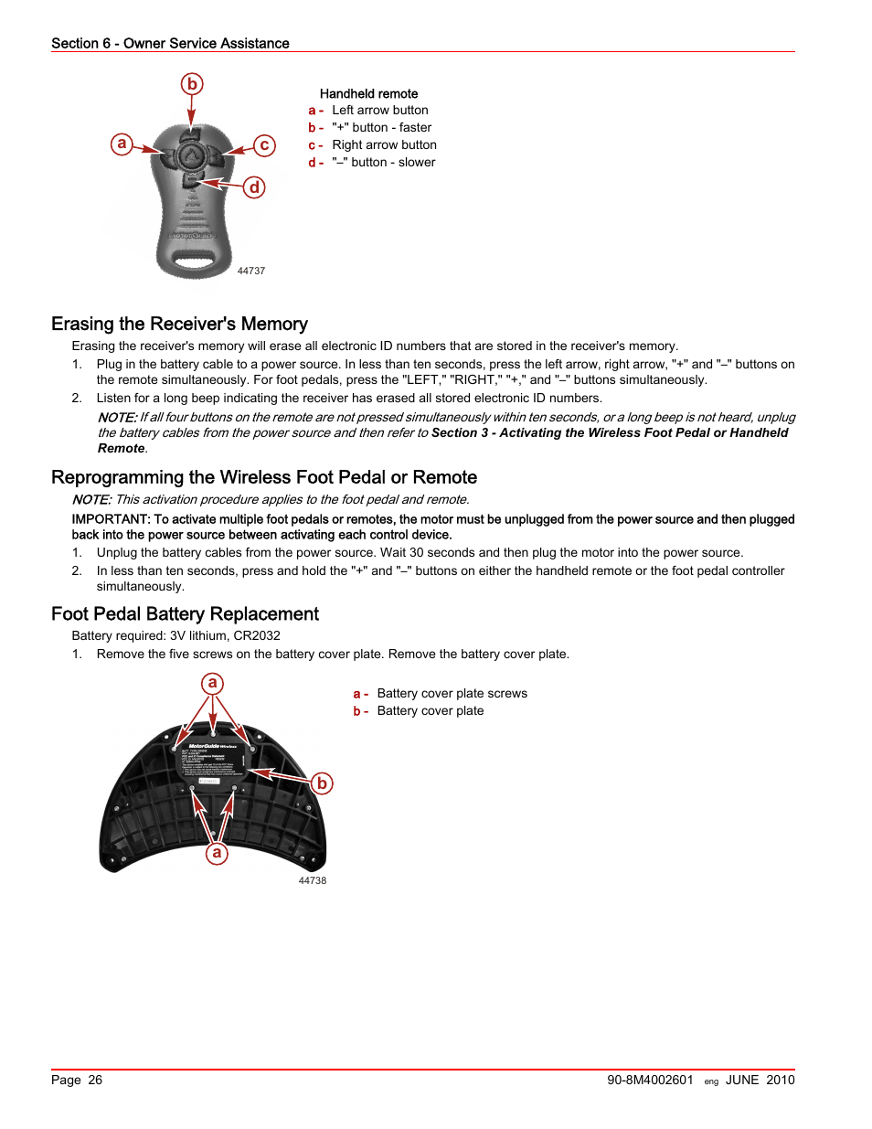 Erasing the receiver's memory, Reprogramming the wireless foot pedal or remote, Foot pedal battery replacement | MotorGuide Wireless User Manual | Page 30 / 32