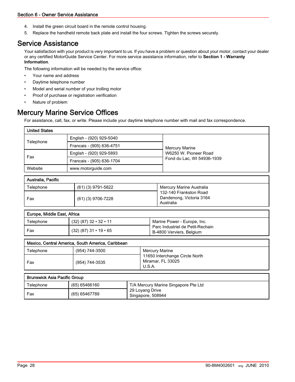 Service assistance, Mercury marine service offices | MotorGuide Wireless User Manual | Page 32 / 32