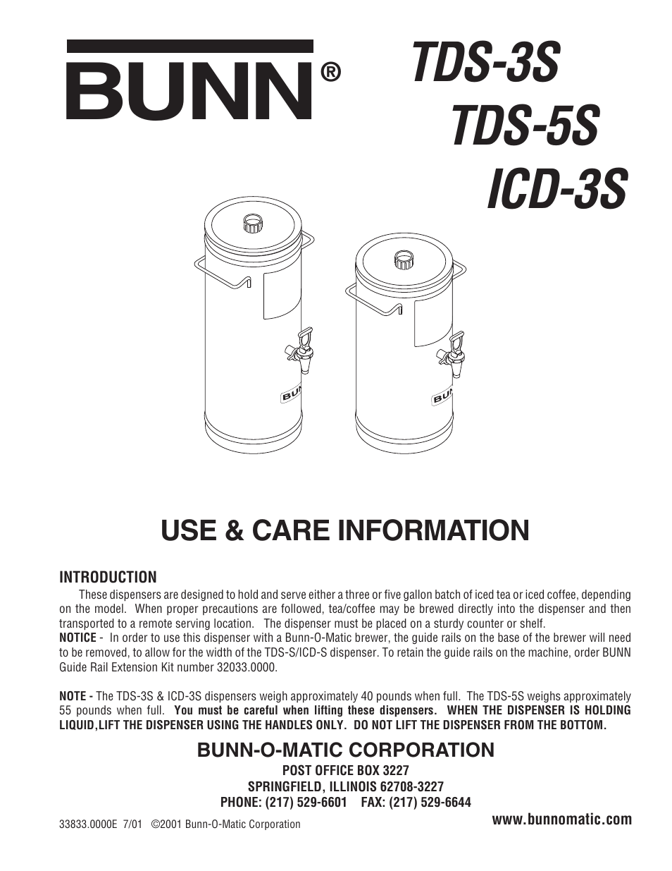 Bunn TDS-3S User Manual | 3 pages