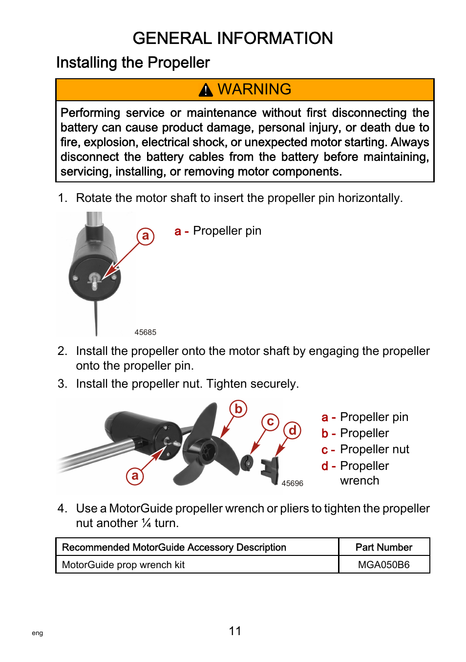 Installing the propeller, General information, Warning | MotorGuide Saltwater User Manual | Page 15 / 41