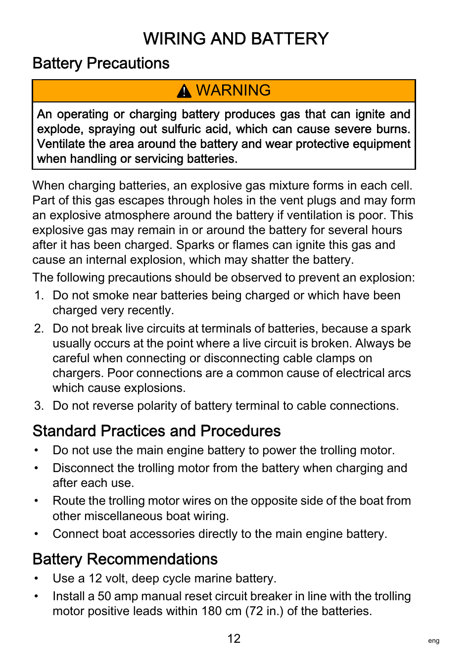 Wiring and battery, Battery precautions, Standard practices and procedures | Battery recommendations, Warning | MotorGuide Saltwater User Manual | Page 16 / 41