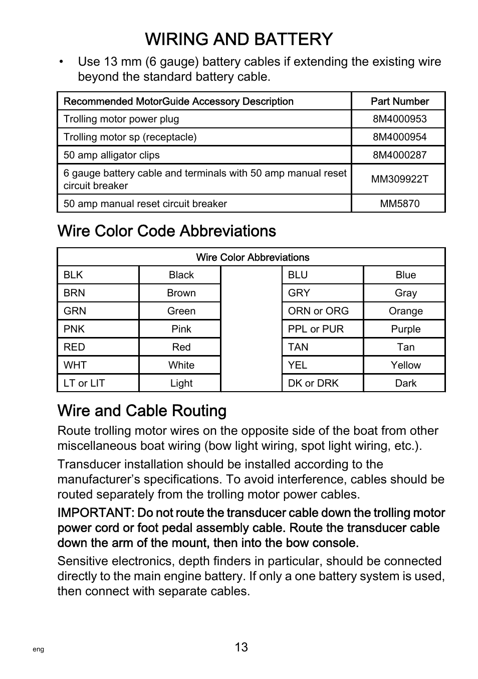 Wire color code abbreviations, Wire and cable routing, Wiring and battery | MotorGuide Saltwater User Manual | Page 17 / 41