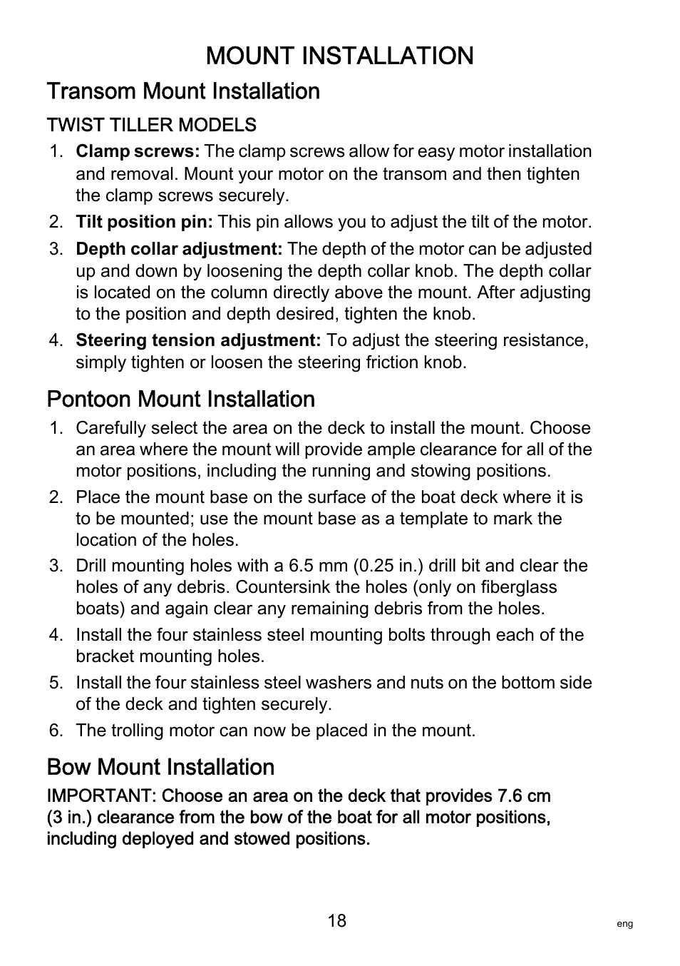 Mount installation, Transom mount installation, Pontoon mount installation | Bow mount installation | MotorGuide Saltwater User Manual | Page 22 / 41