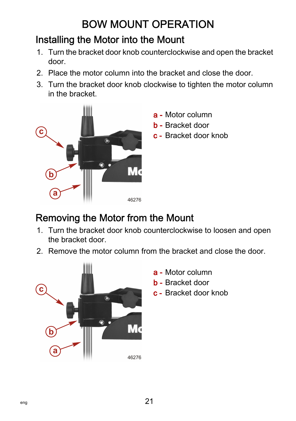 Bow mount operation, Installing the motor into the mount, Removing the motor from the mount | MotorGuide Saltwater User Manual | Page 25 / 41