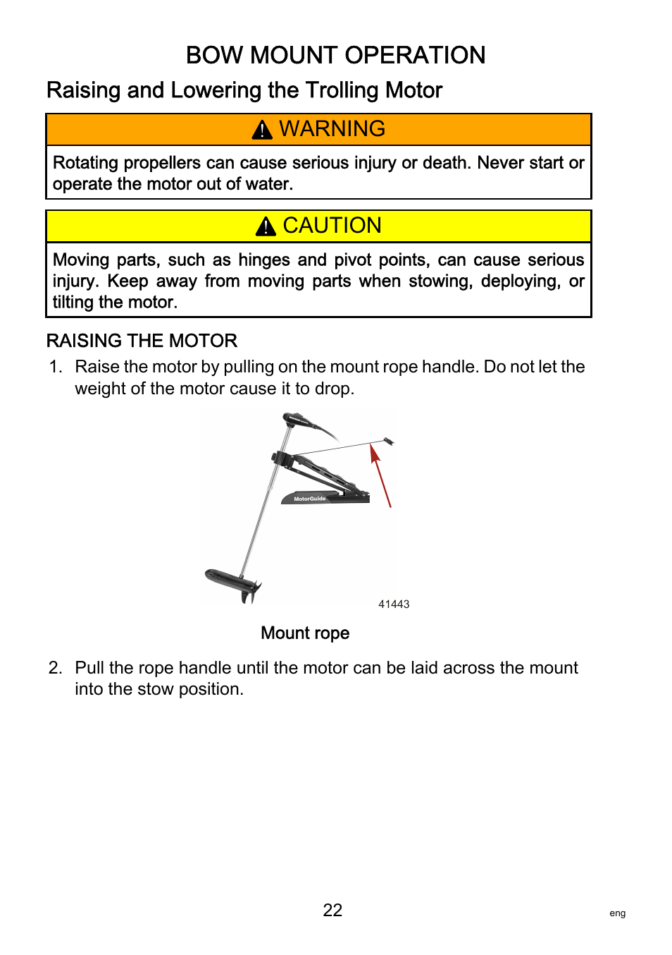 Raising and lowering the trolling motor, Bow mount operation, Warning | Caution | MotorGuide Saltwater User Manual | Page 26 / 41