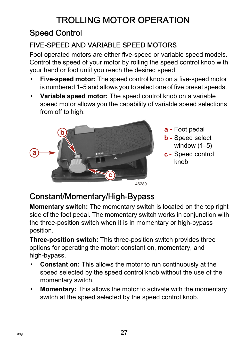 Speed control, Constant/momentary/high-bypass, Constant/momentary/high‑bypass | Trolling motor operation | MotorGuide Saltwater User Manual | Page 31 / 41